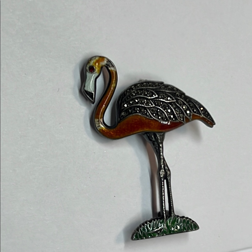 Vintage Sterling Silver Art Deco P. Enameled with Marcasite Flamingo Brooch. - Picture 2 of 4